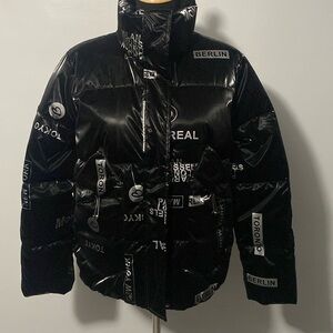Charlie B Shiny Black Puffer Coat World Cities Metallic Silver Print Sz S NWOT